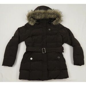 Lands End Quilted Down Belted Womens Faux Fur Hooded Full Zip Puffer Jacket S